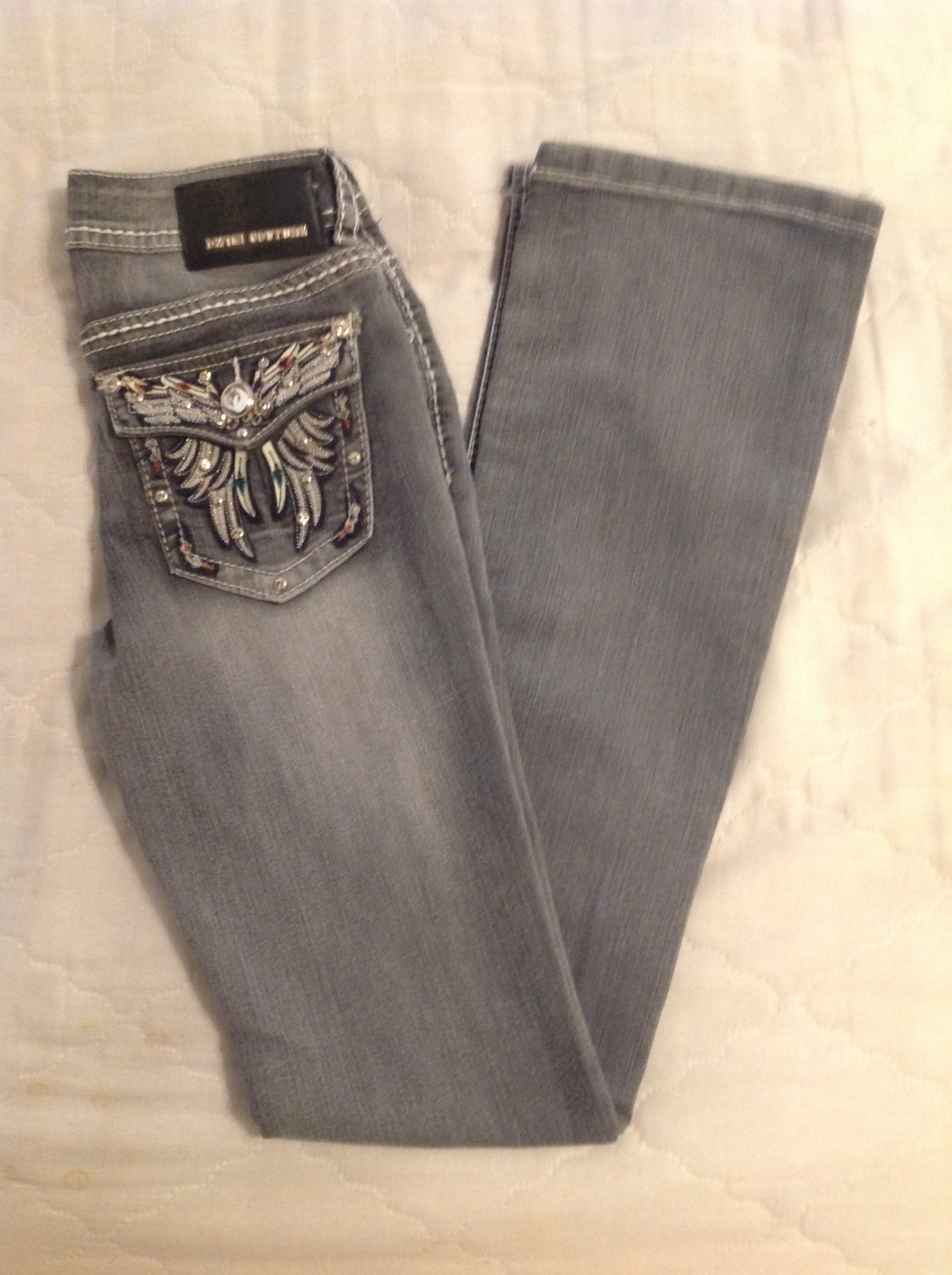 Sally Jeans | Denim Couture Bootcut Jeans Gray Colored Angel Wings